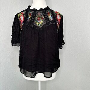 Zara Black cottagecore sheer blouse with embroidered floral womens small